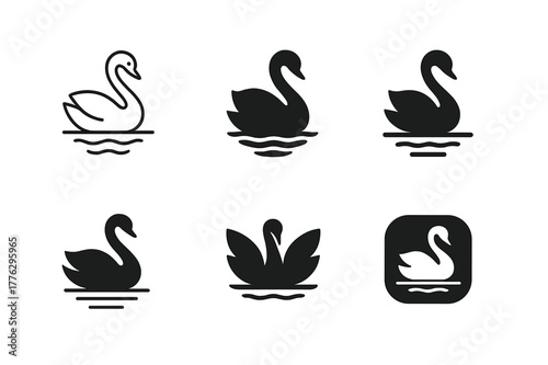 Swan Emblem Variations. Lakeside. Set Logo of Lakeside: Swan on water. Icon set. harmonious logo variations of the same emblematic concept, each with different
