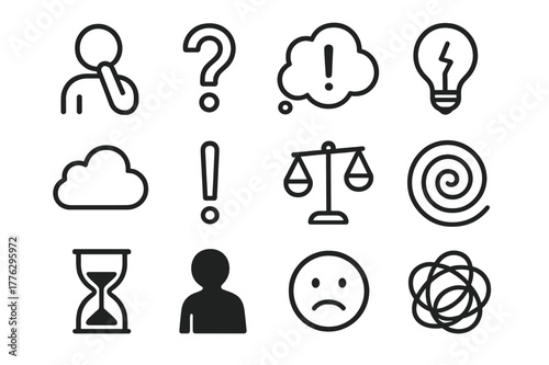 Doubt Iconography Set. Overcoming doubt. Line icon set of overcoming doubt: person thinking, question mark, thought bubble, broken light bulb, cloud,