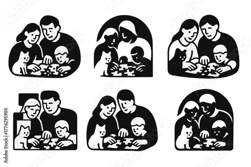 Family Puzzle Logos. A family putting together a puzzle on a cozy afternoon. Set Logo of a family putting together a puzzle on a cozy afternoon: cat watching