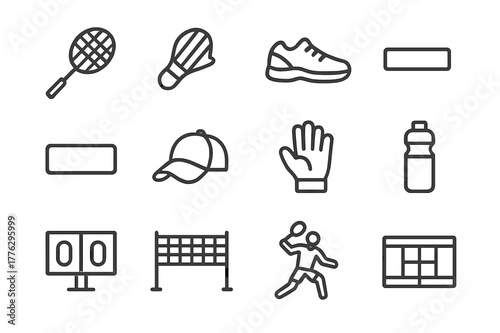 Badminton Icon Set. Badminton gear. Line outline icon set of badminton gear: racket, shuttlecock, shoes,