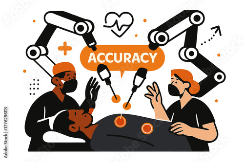 Robotic Surgery Precision. Healthcare Tech ? Robotics in Surgery. Robotic arms extend delicately over a stylized patient; soft circles mark precision points.