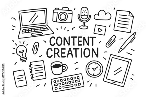 Doodle Content Creation Icons. Content Creation. Hand-drawn doodle illustration of Content Creation. laptop,