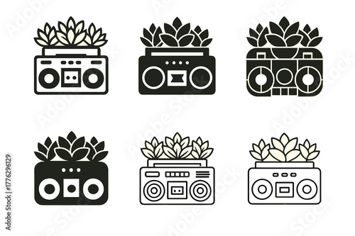 Vintage Electronics Logos. Decorating with vintage electronics. Set Logo of Decorating with vintage electronics: boombox planter with succulents. Icon set.