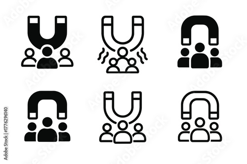 Marketing Logo Variations. Audience in marketing. Set Logo of Audience in marketing: magnet attracting user symbols. Icon set. harmonious logo variations of