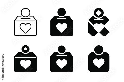 Donation Box Logos. Philanthropists or nonprofit workers volunteering. Set Logo of donation box: box with heart and coin drop. Icon set. harmonious logo