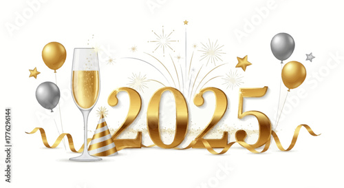 Celebrate New Year's Eve 2025 with champagne, balloons, fireworks, and festive ribbons for an unforgettable joyous occasion