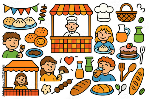 Traditional Food Fair. Traditional food fair. Colorful Hand-drawn doodle Children illustration Traditional food fair food stalls, plates, dumplings, skewers,
