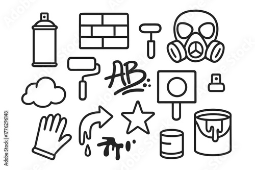 Street Art Icons. Street art. Hand-drawn doodle illustration street art spray can, mask, brick wall, roller, tag symbol, stencil, cap, cloud, arrow, paint