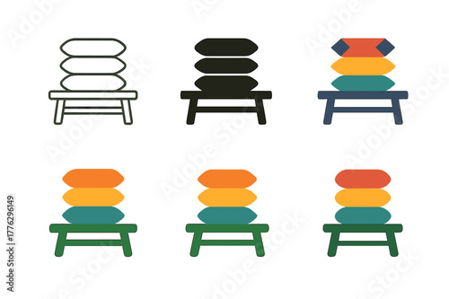 Colorful Garden Cushion Logos. Adding colorful outdoor cushions and throws to a garden seating area. Set Logo of cushion stack on bench: layered pillows on