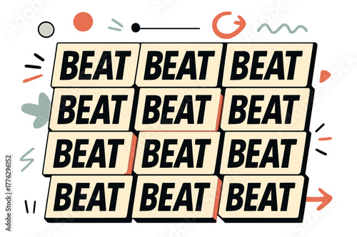 Dynamic Rhythm Grid. Kinetic Typography ? Rhythm Grid. Blocks of ?BEAT / BEAT? jump on a tidy grid; a tiny playhead sweeps left to right. Letters compress and