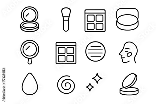 Cosmetic Icon Set. Blush and bronzer powder. Line outline icon set of blush and bronzer powder: compact case,