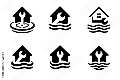 Flood Repair Logos. Dealing with home flooding and water damage. Set Logo of dealing with home flooding and water damage: repair wrench intersecting a water