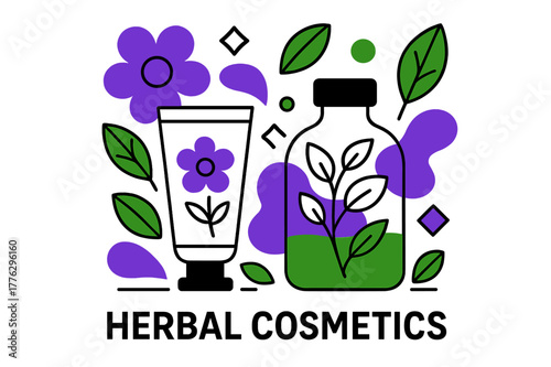 Herbal Skincare Aesthetics. Herbal cosmetics. Tubes of cream and bottles with abstract floating flowers,