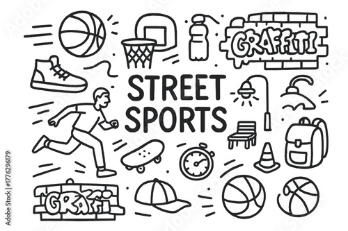 Street Sports Doodle. Street Sports. Hand-drawn doodle illustration of street sports like basketball and