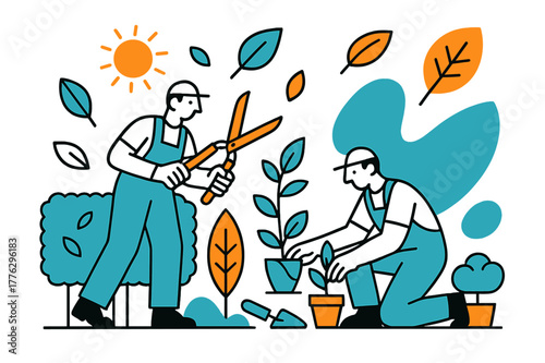 Modern Garden Illustration. Landscaping work. Gardeners trimming hedges and arranging plants, abstract