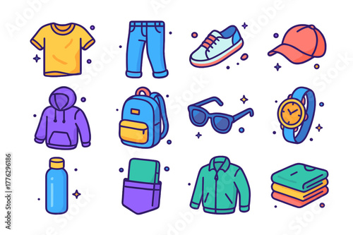 Casual Outfit Icons. Everyday casual outfits. Colorful isometric vector icons set of Everyday casual outfits: worn T-shirt, denim jeans, sneakers, baseball