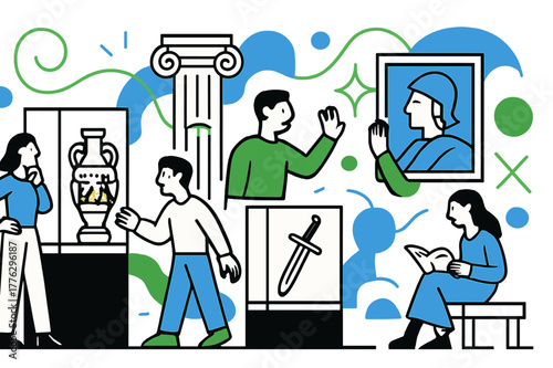 Museum Interactive Exhibit. Historical exhibits. A wide museum hall with display cases, artifacts, and