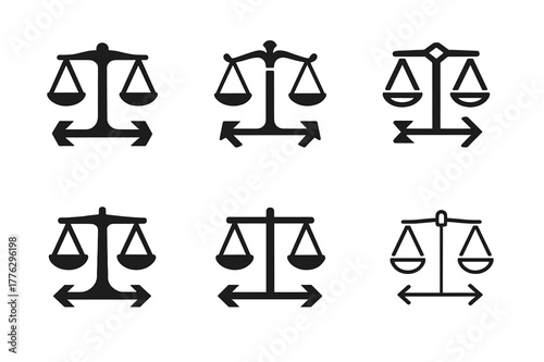Scales of Justice Logos. deportation policies. Set Logo of deportation policies: scales of justice with outbound arrows. Icon set. harmonious logo variations