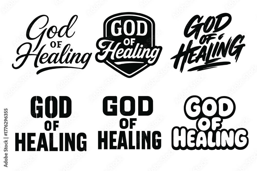 Fototapeta premium Diverse Lettering Styles. God of Healing. Set lettering. harmonious lettering variations of the same emblematic concept (Elegant script with flowing curves,