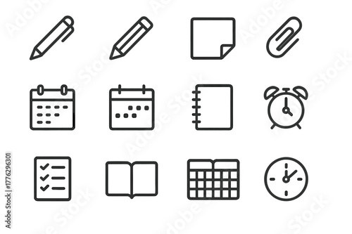 Planner Essentials Icons. Planner accessories. Line outline icon set of planner accessories: pen, pencil,