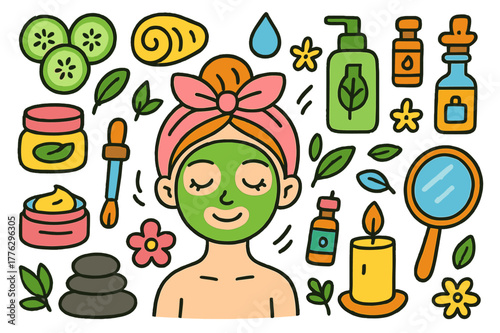 Spa Day Doodles. beauty treatment. Colorful Hand-drawn doodle Children illustration beauty treatment face mask, cucumber slices, headband, towel, cream jar,