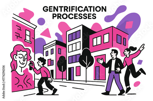 Urban Revitalization Art. Gentrification Processes. Streets with street art and modern facades alongside older buildings, floating abstract geometric shapes,