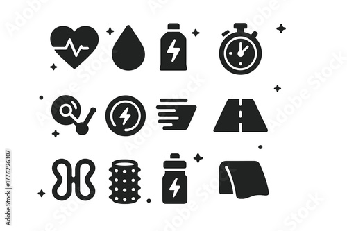 Beach Cycling Icons. Fitness cycling by the beach. Solid icons set of Fitness cycling by the beach: heart rate monitor, sweat drop, energy gel, interval timer,