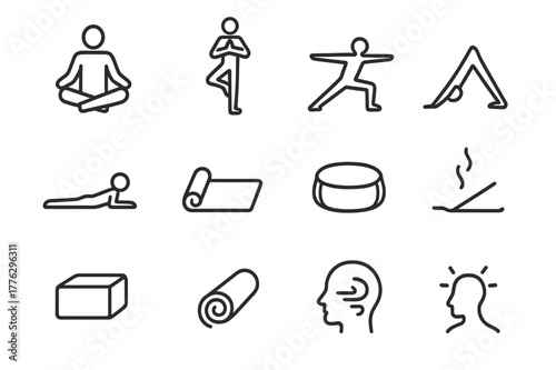 Yoga Icons Collection. Yoga. Line icon set of Yoga: lotus pose, tree pose, downward dog, warrior pose, cobra pose, yoga mat, meditation cushion, incense, yoga