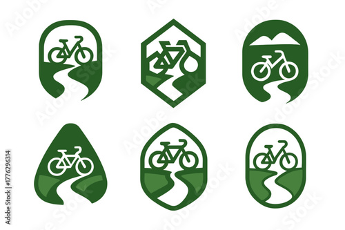 Rural Cycling Logos. Rural cycling path. Set Logo of Rural cycling path: bicycle on country lane. harmonious logo variations of the same emblematic concept,