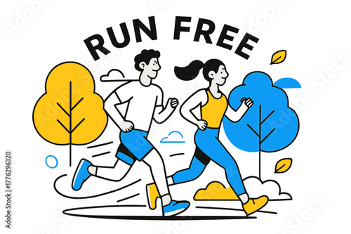 Morning Joggers. People engaging in sports and recreational activities ? Morning jog in the park. Two runners glide past stylized trees; curved motion lines