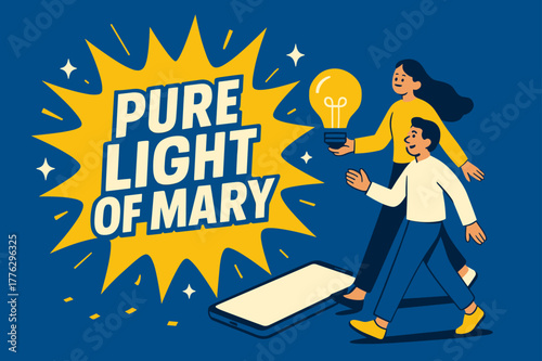 Luminous Banner Design. Pure Light of Mary banner, flat vector illustration, bold oversized text inside splash explosion banner, cartoon characters walking and