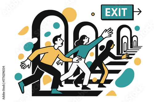 Infinite Exit Pursuit. Endless Corridor. Long corridor of archways repeats into void while figures reach toward a shrinking doorway labeled ?exit?. The sign