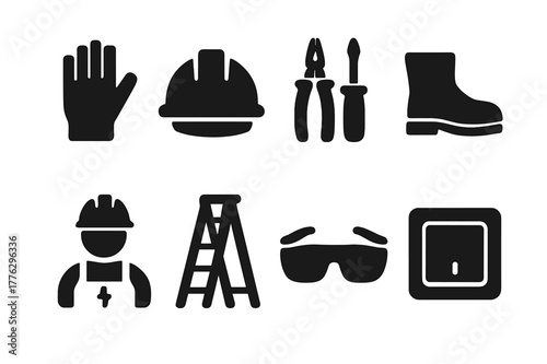 Residential Safety Icons. Residential safety. Filled icon set of residential safety: gloves, helmet, insulated
