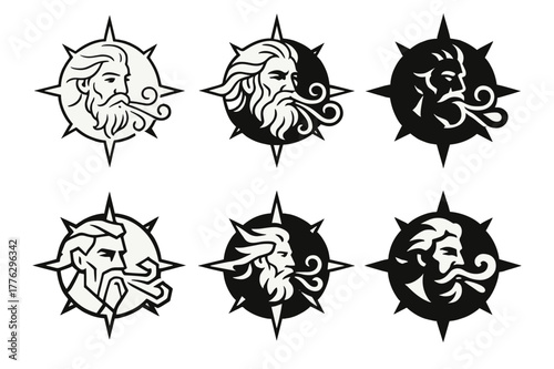 Wind God Logos. A god controlling the winds and the storms. Set Logo of A god controlling the winds and the storms: compass rose with swirling gusts. Icon set.