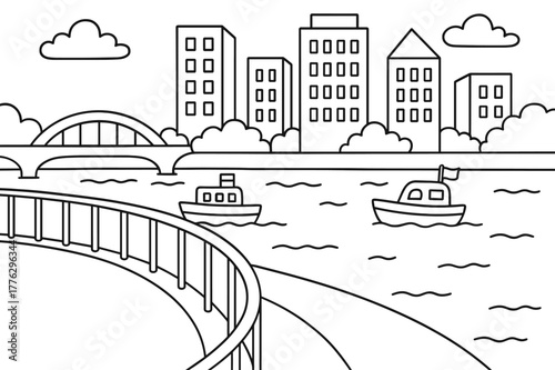 Riverside Coloring Fun. City embankment scene children?s coloring book illustration, outlined drawing, simple tall buildings behind a curved railing beside a