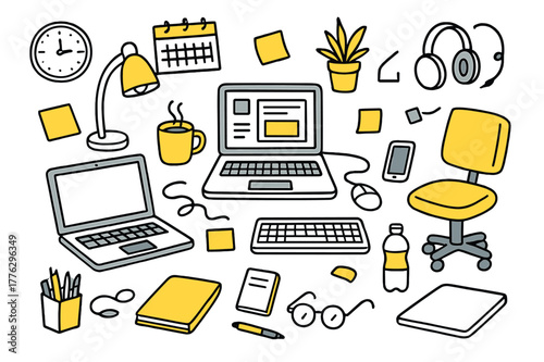 Evening Office Vibes. Evening office ritual. Hand-drawn doodle illustration laptop (colored), computer screen (colored), smartphone (colored), coffee cup