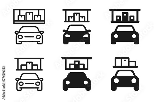 Garage Storage Logos. Using overhead storage racks in the garage. Set Logo of Using overhead storage racks in the garage: grid shelf above a parked car outline