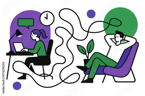 Modern Workplace Serenity. Focus and relaxation balance. A workplace divided into two visual zones ? quiet