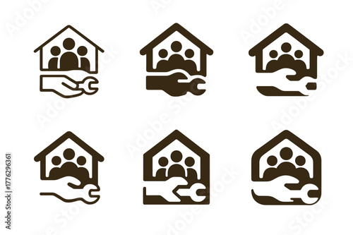 Home Repair Assistance Icons. Volunteering to help a family member with home maintenance tasks. Set Logo of volunteering to help a family member with home