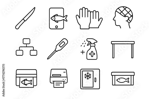Seafood Processing Icons. Seafood Processing and Handling. Line icon set of Seafood Processing and Handling: fillet knife, cutting board, protective gloves,