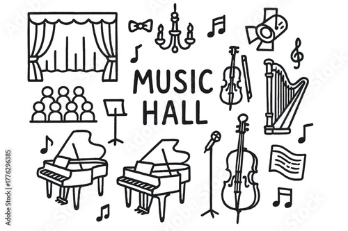 Music Hall Doodle. Music Hall. Hand-drawn doodle illustration of Music Hall. chandelier, piano, violin, cello,