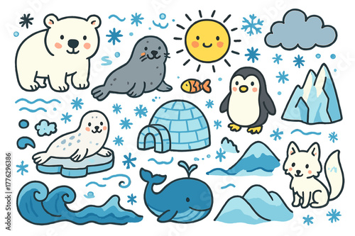 Arctic Life Doodle. Arctic Life. Colorful Hand-drawn doodle Children illustration Arctic Life polar bear, seal, penguin, igloo, snowflake, ice floe, fish,