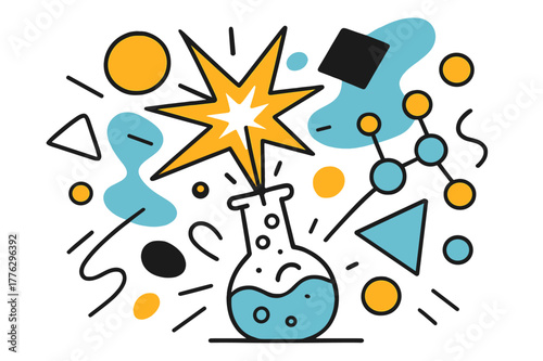 Chemical Reaction Sparks. Catalyst. Spark igniting a chemical reaction with floating abstract geometric shapes and glowing accents, dynamic and transformative
