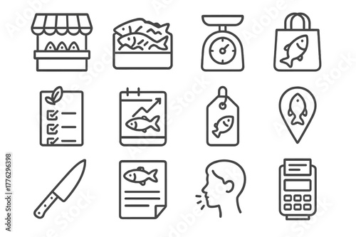 Fish Market Icons. Fish Markets and Consumers. Line icon set of Fish Markets and Consumers: market stall, iced fish display, weighing scale, reusable bag,