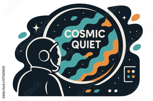 Cosmic Window View. Astronaut Window View. A helmeted silhouette gazes through a round viewport; ?Cosmic Quiet? floats over drifting nebula smoke. Panel lights