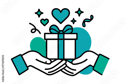 Heartfelt Gift Exchange. Thoughtful presents. Close-up of hands offering a gift box with floating abstract