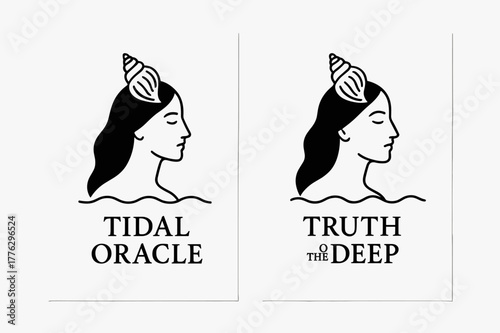 Tidal Oracle Banners. Sea Oracle. Two vertical A6 banners with safe margins, centered composition, no elements touching edges, minimal, black and white, calm