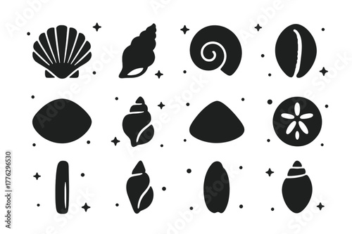 Minimalist Seashell Icons. Minimalist Seashell Silhouettes. Solid icons set of Minimalist Seashell Silhouettes: scallop silhouette, conch silhouette, nautilus