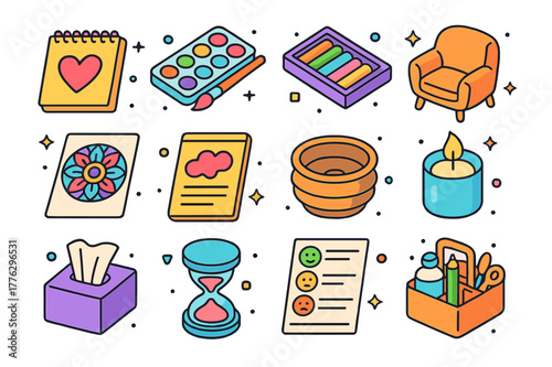 Colorful Art Therapy Icons. Art therapy. Colorful isometric vector icons set of art therapy: sketchbook with heart, watercolor set, soft pastels, clay bowl,