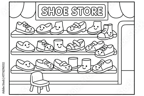 Happy Shoe Store. Shoe store children?s coloring book illustration, outlined drawing, cartoon shop with